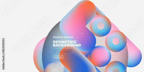 Abstract geometric shapes overlap, creating vibrant color gradients. Design features text promoting further exploration. Modern, clean aesthetic.