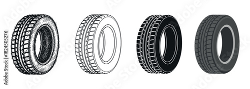 Set of four car tires illustrated in different artistic styles including hand-drawn sketch, clean outline, black silhouette, and a flat color vector graphic for automotive concepts