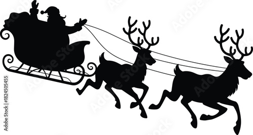 Black silhouette of Santa Claus waving from his sleigh being pulled by flying reindeer, representing Christmas, holidays, and winter celebration.Black silhouette of Santa Claus waving from 