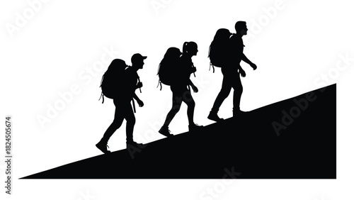 Silhouette of hikers climbing uphill isolated on white background, Vector