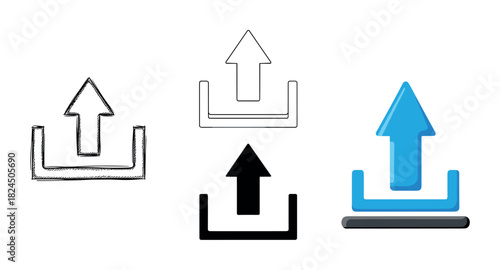 Set of four upload icons in different artistic styles including a hand-drawn sketch, a thin outline, a solid black silhouette, and a modern blue flat design graphic