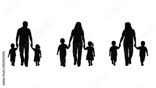 Family walking silhouettes isolated on white background, Vector