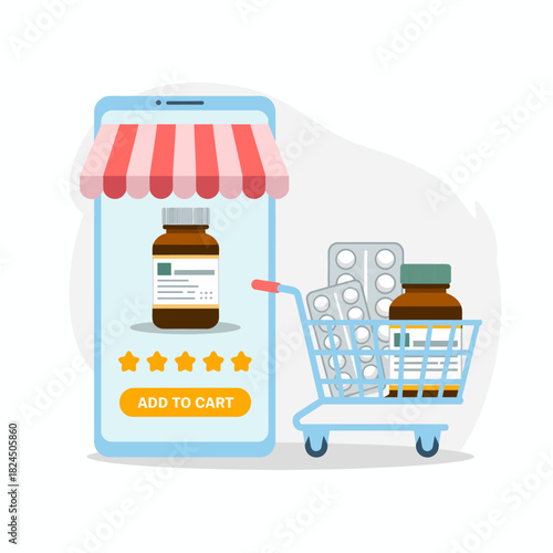 Online pharmacy mobile app with shopping cart and medications