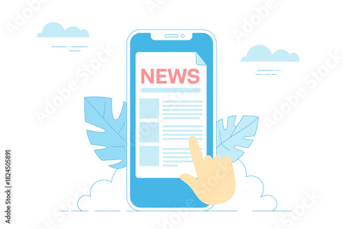 Reading online news on smartphone. hand interacting with news app.