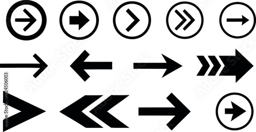 Set of black arrows pointing right with various styles and shapes