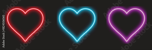 Neon Heart Icons Set - Glowing Red Blue Purple Love Symbols on Dark Background Vector