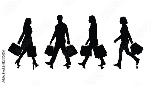 People walking with shopping bags silhouette isolated on white background, Vector
