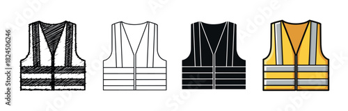 Set of four safety vest illustrations in different styles including sketch, line art, silhouette, and full color, showing high-visibility workwear for construction and road workers