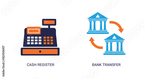 Vector illustration of cash register and bank transfer icons isolated on