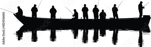 Silhouette of fishermen on boat, peaceful lake fishing scene, outdoor adventure, tranquil water reflection, teamwork, nature harmony, sunrise leisure activity