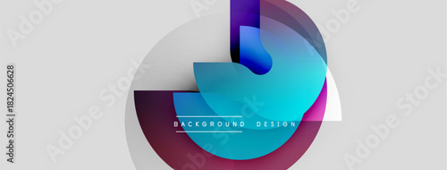 Abstract geometric shapes overlap, creating vibrant color gradients. Modern design elements suggest innovation, technology, dynamism. Clean aesthetic.