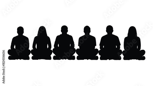 Six people sitting cross-legged silhouettes isolated on white background, Vector