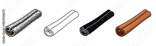 Cinnamon stick illustration set in four different graphic styles including hand-drawn sketch, simple outline, black silhouette, and flat color cartoon vector art