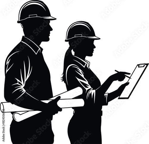 Black silhouettes of a male and female construction manager, architect, or engineer in hard hats reviewing blueprints and project notes on a clipboard.