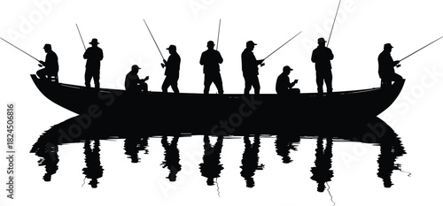 Silhouette of fishermen on boat, tranquil lake fishing scene, reflection in water, outdoor adventure, teamwork, peaceful nature, sunrise leisure activity