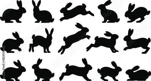 Black rabbit silhouette vector set, collection of cute bunnies running and sitting, easter hare icons isolated on white background.