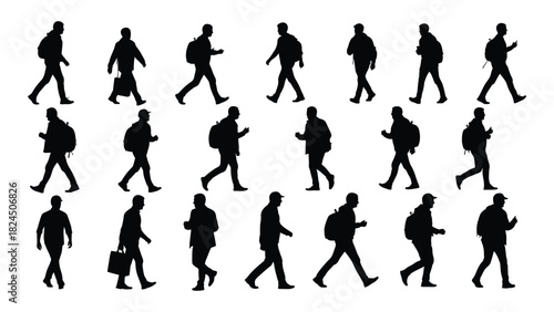 Collection of men walking silhouettes isolated on white background, Vector