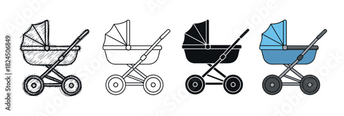 Baby carriage vector icon set with four different styles including a hand-drawn doodle, a simple black outline, a solid silhouette, and a blue flat color illustration