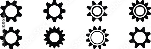Collection of eight black and white gear, cogwheel, and sprocket icons representing engineering, mechanical power, setting, and industry concepts.