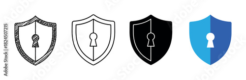 Set of four shield icons with keyholes representing security and privacy, illustrated in various styles from hand-drawn doodle and line art to solid glyph and flat color