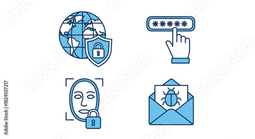 Vector illustration of security icons showing data protection, face id, password and email virus isolated on