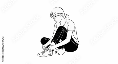 Young woman tying shoelaces on sneakers, preparing for outdoor activities, focused and determined.