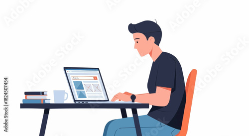 Man working on laptop at desk focused on his work.