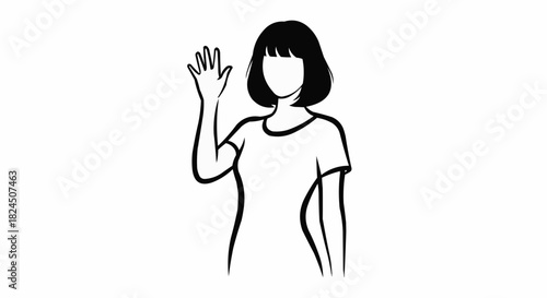 Minimalist black and white line art of a woman waving hello.
