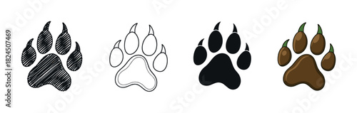 Collection of four animal paw prints with claws, presented in various artistic styles including scribble, outline, solid black silhouette, and a simple brown cartoon illustration