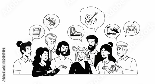 Diverse group of people sharing ideas and interests through thought bubbles.