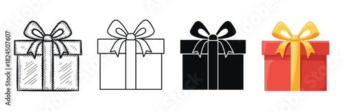 Set of four gift box icons showing different artistic styles including a hand-drawn sketch, simple outline, solid black silhouette, and a full-color flat design vector