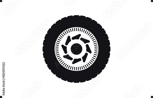 Black rubber wheel tire design. Wheel tires. Car tire tread tracks, Mini Van racing wheel mascot design. Tyres road maintenance vector automobile. Auto Van wheel tyre. Vector illustration rim design