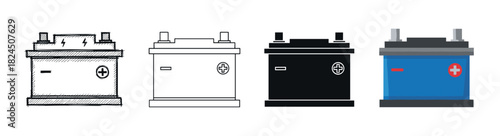 Automotive battery vector illustration collection showing different graphic styles like doodle, line art, solid black icon, and colorful flat design with plus and minus terminals