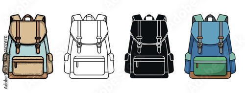 Collection of four travel backpack illustrations in various artistic styles, including hand-drawn color, simple line art, a black silhouette, and flat color design