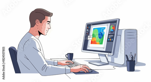 Man working on computer, focused on graphic design, creating digital art.