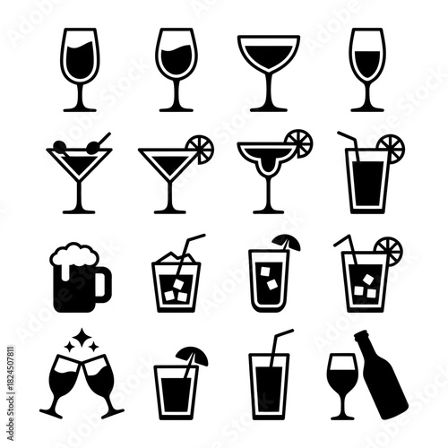 Assorted drinkware and cocktail glass icons set including wine glasses, martini, beer mug, and tumblers, perfect for beverage menus and bar graphics.