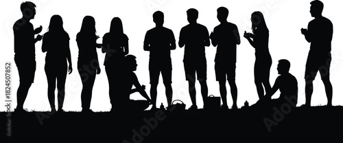 Silhouette of group of young people talking, relaxing, and socializing outdoors, teamwork, friendship, communication, and lifestyle concept illustration