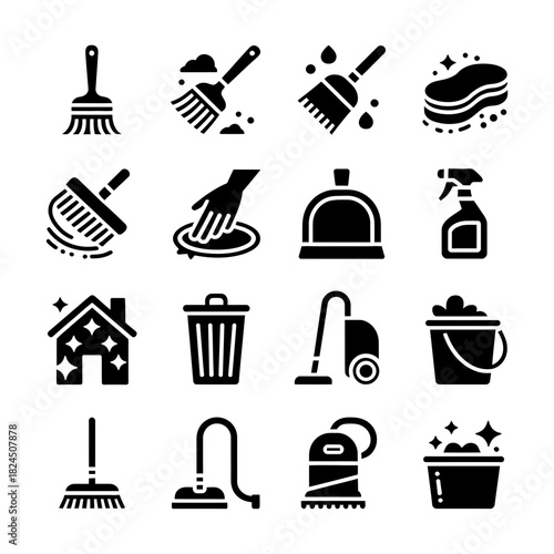 Modern minimalist cleaning icons set featuring essential household tools, equipment for hygiene, maintenance, domestic chores, and services.