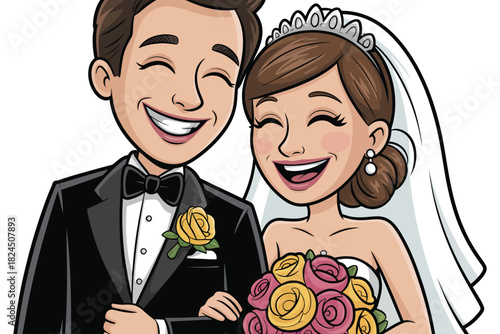 Cartoon illustration of a smiling groom and bride on their wedding day