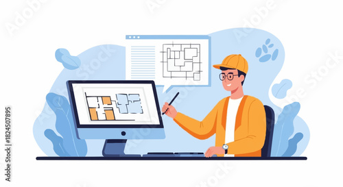 Architect working on computer design with blueprints and plans.