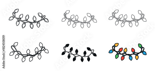 Set of six christmas light garlands in various hand-drawn styles, including simple outline, black silhouette, and a colorful version for festive holiday decoration elements