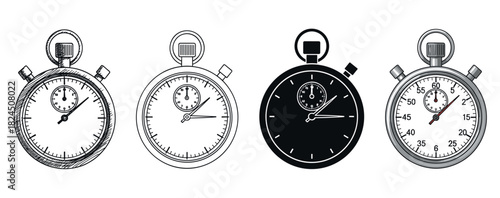 Set of four analog stopwatches illustrated in various graphic styles including sketch, outline, silhouette, and color for concepts of time and speed