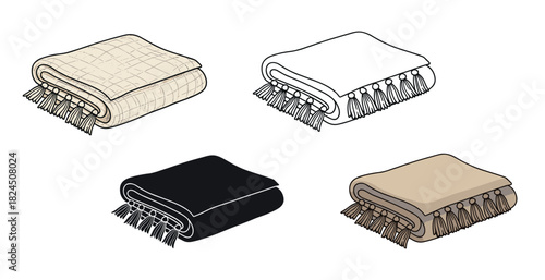 Collection of four cozy throw blankets with decorative tassels, neatly folded and depicted in cartoon, silhouette, and line art vector illustration styles