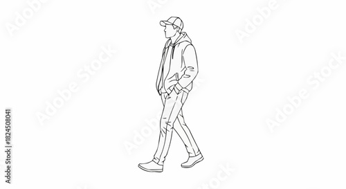 Man in casual attire walking with hands in pockets.