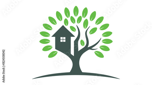Green home tree logo design concept