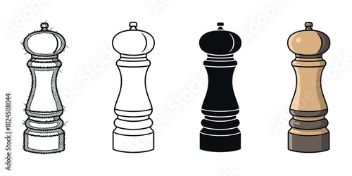 Set of four pepper mill illustrations showing different artistic styles including a hand-drawn sketch, a clean line art outline, a solid black silhouette, and a colored cartoon version