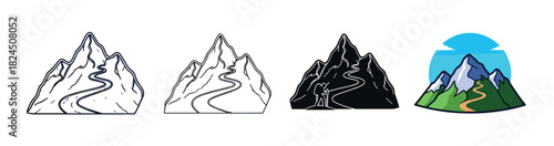 Set of four mountain peak icons showing a winding path, presented in various styles including line art, silhouette with a hiker, and a full-color cartoon design for adventure concepts