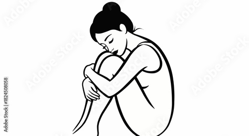 Woman Embracing Knees in Thoughtful Pose, Minimalist Line Art.