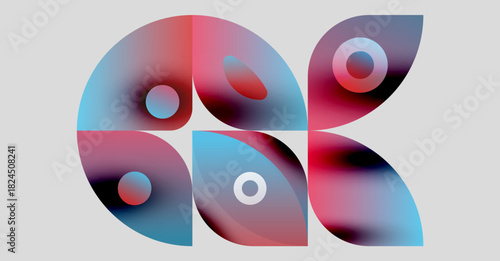 Abstract colorful shapes overlap, creating dynamic visual composition. Gradients blend red, blue, pink hues. Modern design element.