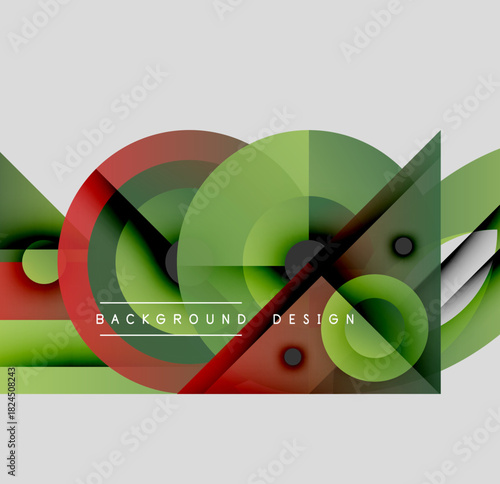 Abstract composition. Overlapping circles, triangles, lines create dynamic visual effect. Green, red hues dominate design. Modern aesthetic.
